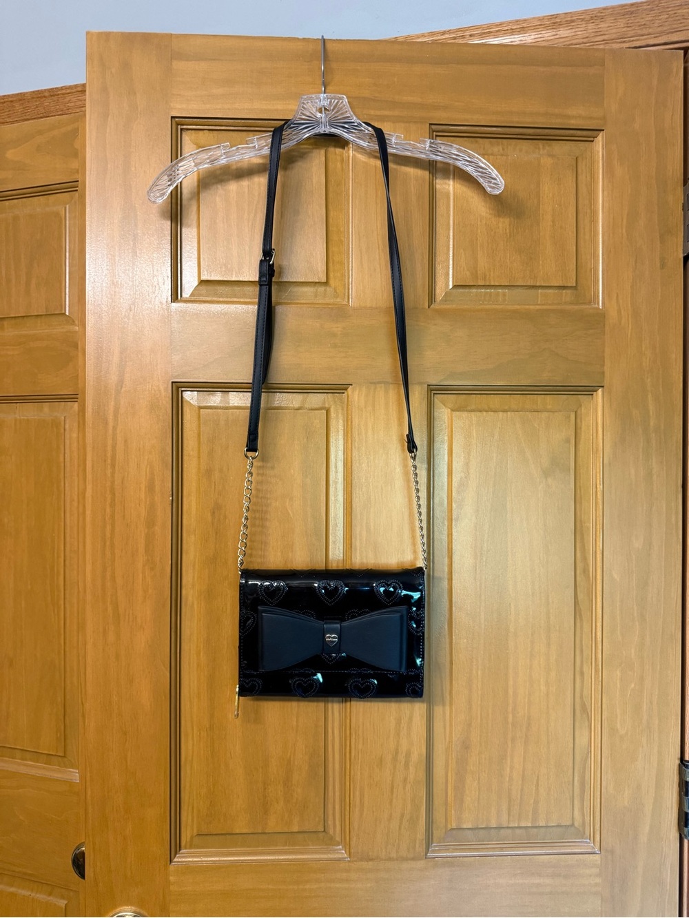 Betsey Johnson Black Patent Crossbody with Bow & Heart Detail